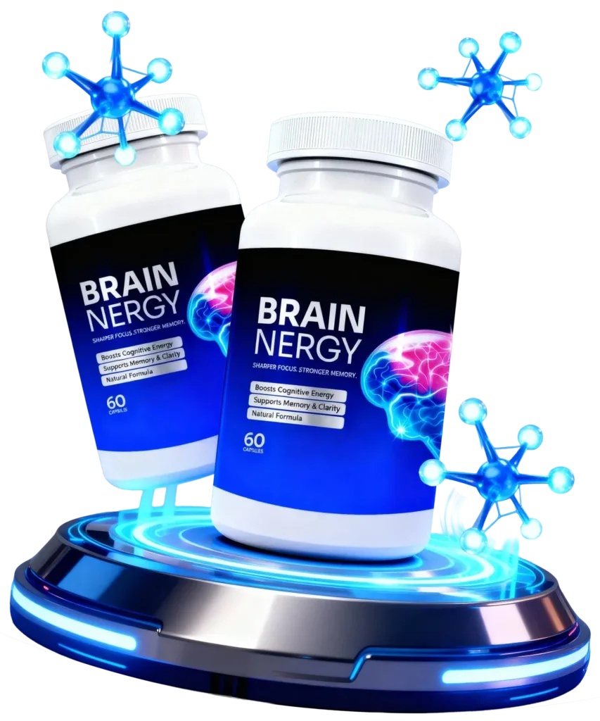 Brainergy (Brain Nergy) nootropic capsules, 60-count bottles on a glowing display